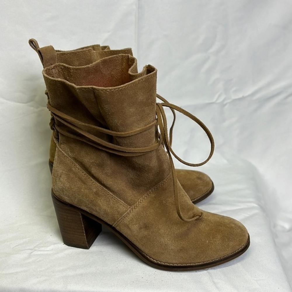 Toms Brown Suede Tie Square Heeled‎ Ankle Booties/Boots Womens Size 7